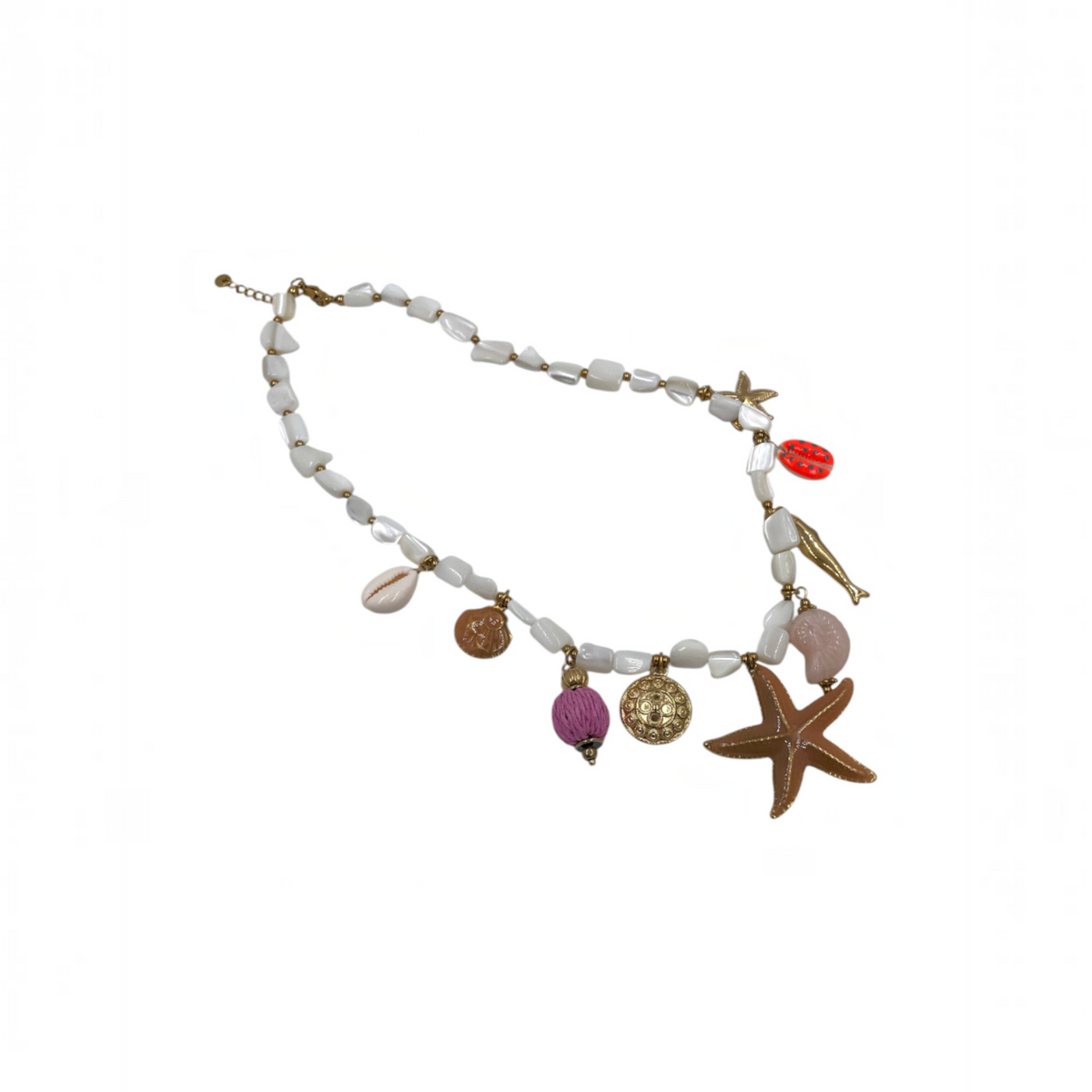 Collar Artesanal | Piedras tipo Marmol | Dijes Marinos 45 cm