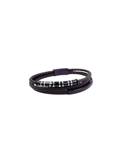 Pulsera para Caballero | Piel Café Trenzada | Detalles en Acero | Estilo Geométrico