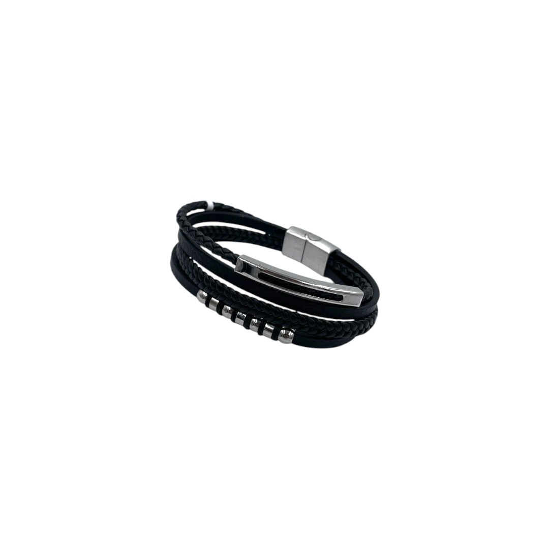 Pulsera para Caballero | Cuentas y Piel Trenzada| Negra Estilo Geométrico