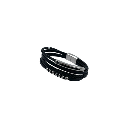 Pulsera para Caballero | Cuentas y Piel Trenzada| Negra Estilo Geométrico