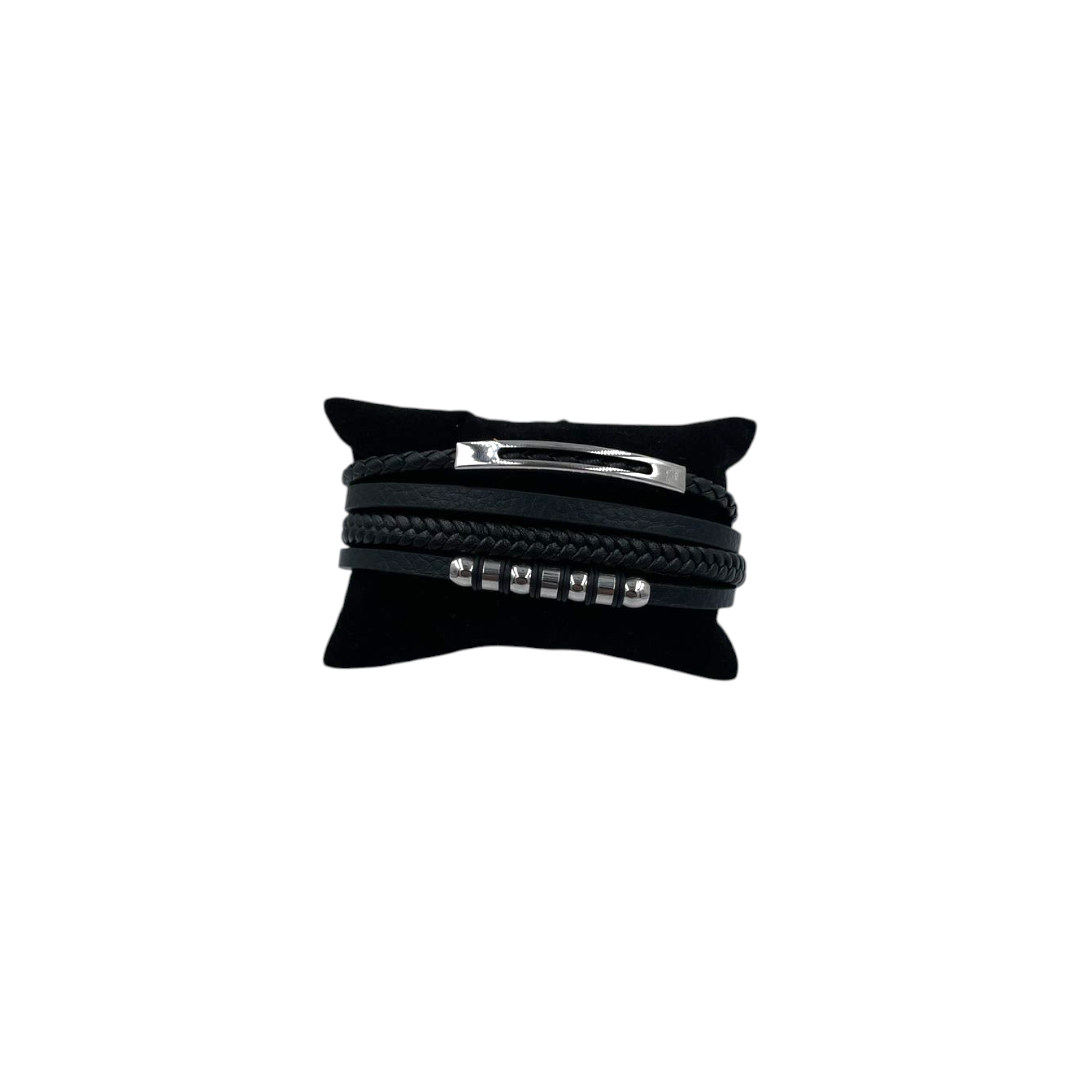 Pulsera para Caballero | Cuentas y Piel Trenzada| Negra Estilo Geométrico