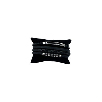Pulsera para Caballero | Cuentas y Piel Trenzada| Negra Estilo Geométrico