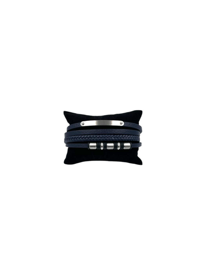 Pulsera para Caballero | Cuero Azul Marino | Cerradura Magnética | Acero Inoxidable