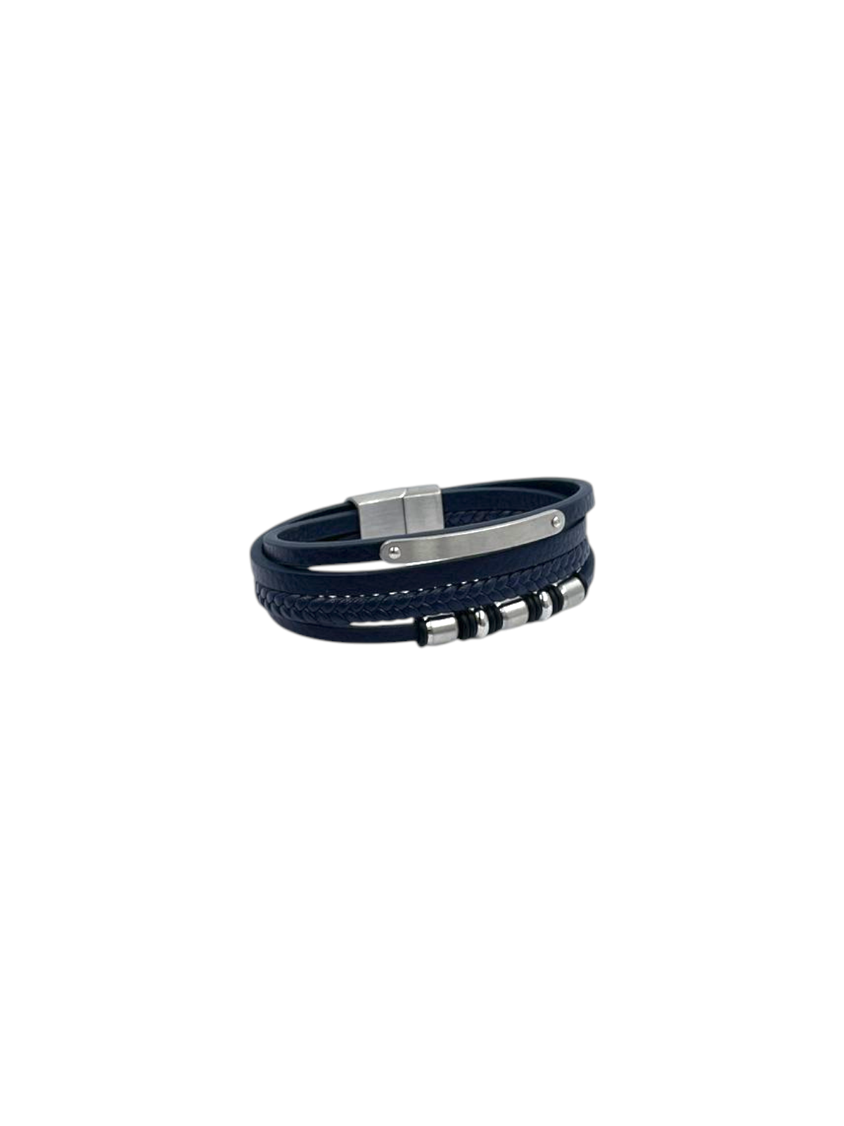 Pulsera para Caballero | Cuero Azul Marino | Cerradura Magnética | Acero Inoxidable