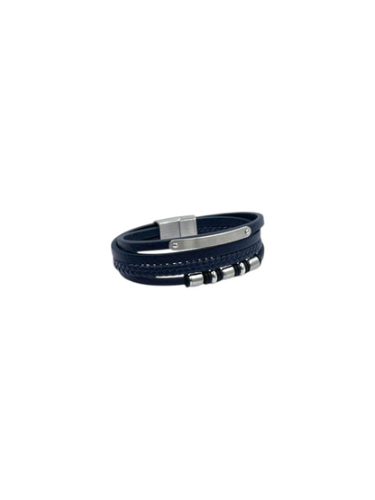 Pulsera para Caballero | Cuero Azul Marino | Cerradura Magnética | Acero Inoxidable