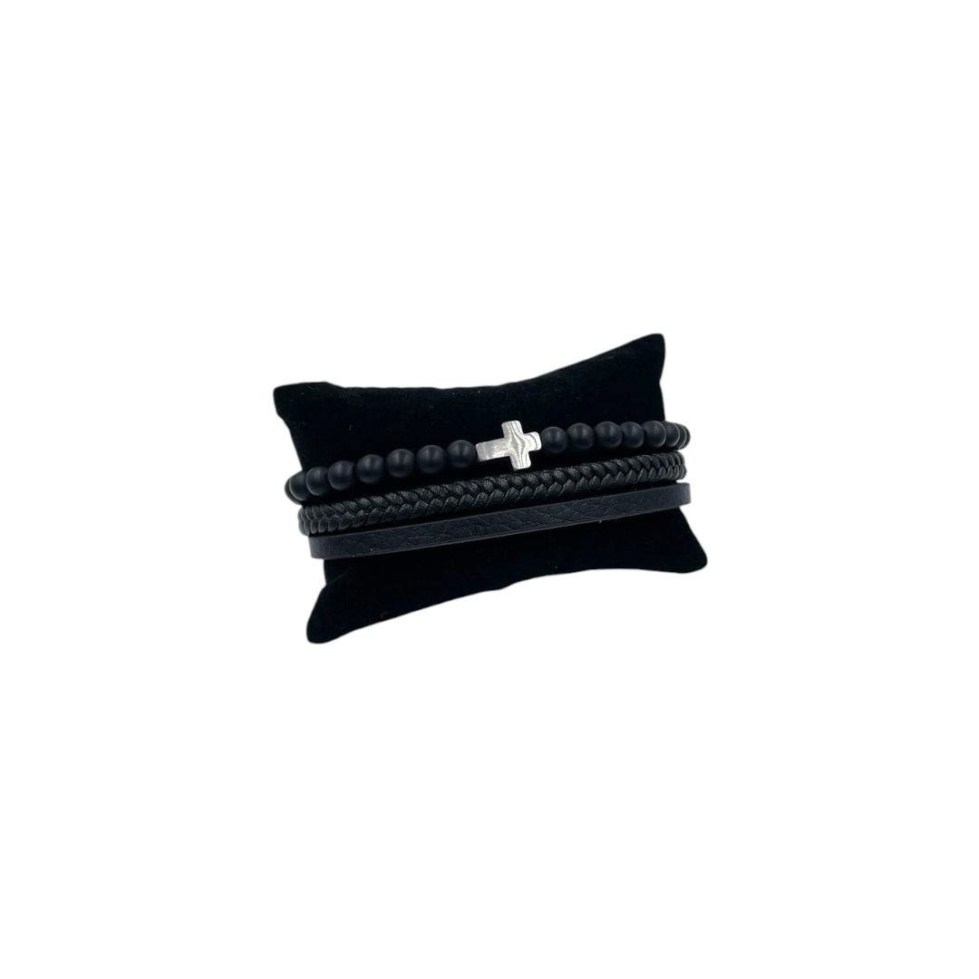 Pulsera para Caballero | Piel Trenzada y Cuentas | Cruz de Acero | Estilo Geométrico