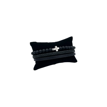 Pulsera para Caballero | Piel Trenzada y Cuentas | Cruz de Acero | Estilo Geométrico