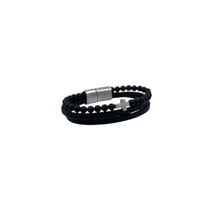Pulsera para Caballero | Piel Trenzada y Cuentas | Cruz de Acero | Estilo Geométrico