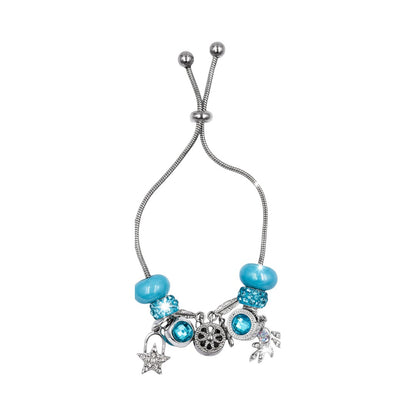 Pulsera Tipo Pandora Azul | Dijes Colgantes Plateados | Ajustable Charm Bracelet