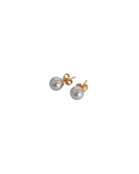 Aretes de Perla Mallorca | Clásicos Tipo Broquel | Gris con Chapa 8mm