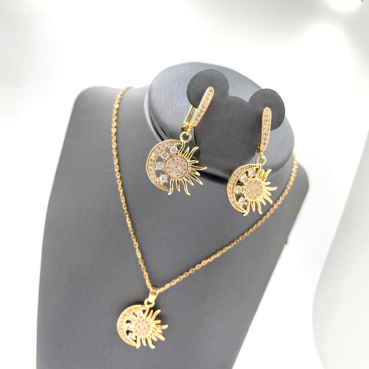 Set Sol y Luna | Collar y Aretes colgantes | Dorados con Zirconias