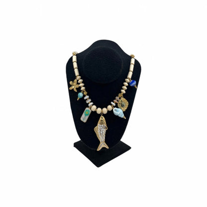 Collar Artesanal | Dijes Marinos | Piedras tipo Marmol 45 cm