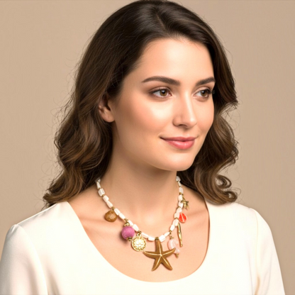 Collar Artesanal |  Piedras tipo Marmol | Dijes Marinos 45 cm