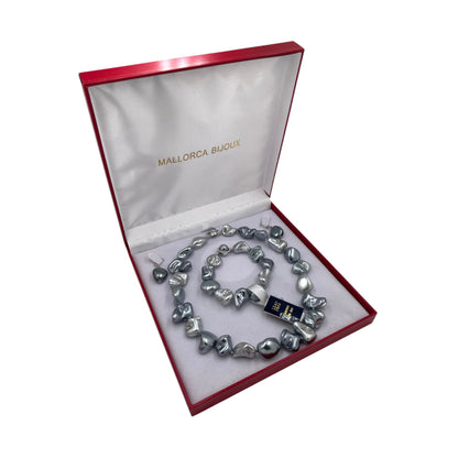 Juego de Collar Aretes y Pulsera | Perlas Barroco Mallorca Bijoux | Azul Petroleo 15MM