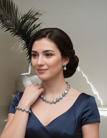 Juego de Collar Aretes y Pulsera | Perlas Barroco Mallorca Bijoux | Azul Petroleo 15MM