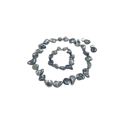 Juego de Collar Aretes y Pulsera | Perlas Barroco Mallorca Bijoux | Azul Petroleo 15MM