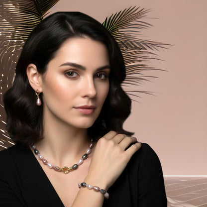 Juego Collar Aretes y Pulsera | Perlas Mallorca Bijoux Piñón | Bicolor Verde y Salmón 8MM