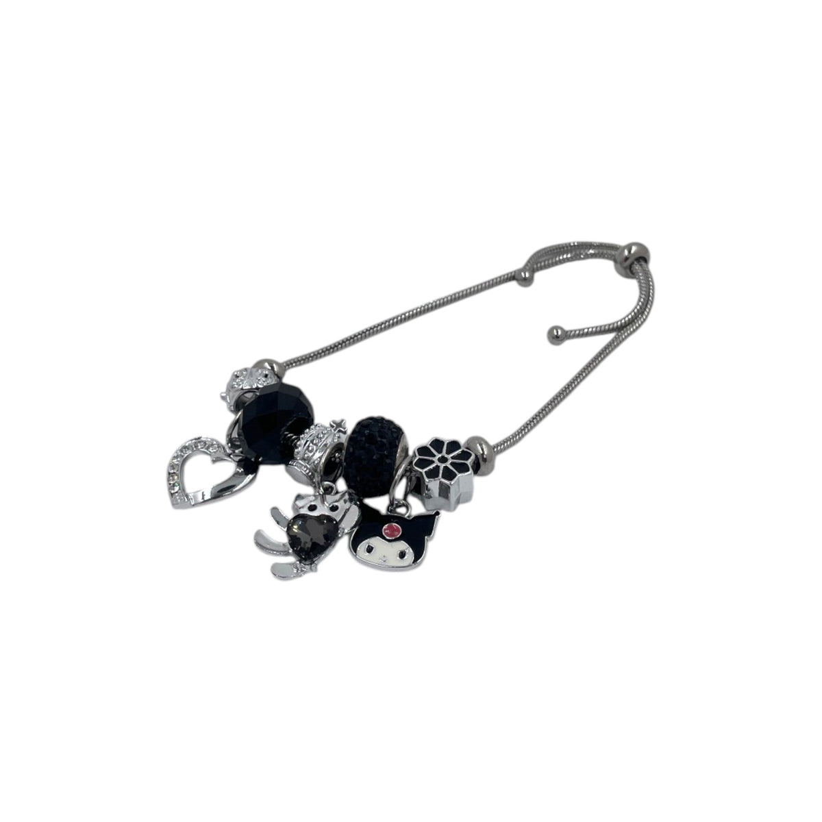 Pulsera Tipo Pandora Plata | Dijes Kuromi con Zirconias | Ajustable Charm Varios