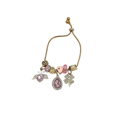 Pulsera Tipo Pandora Dorada | Dijes Rosas con Zirconias | Ajustable Charm Varios