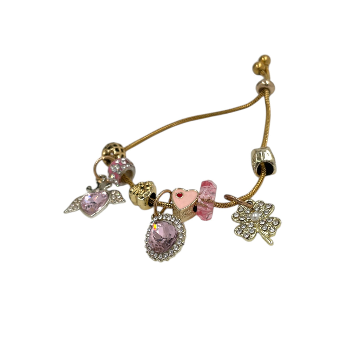 Pulsera Tipo Pandora Dorada | Dijes Rosas con Zirconias | Ajustable Charm Varios