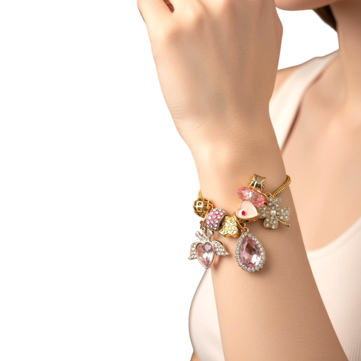 Pulsera Tipo Pandora Dorada | Dijes Rosas con Zirconias | Ajustable Charm Varios