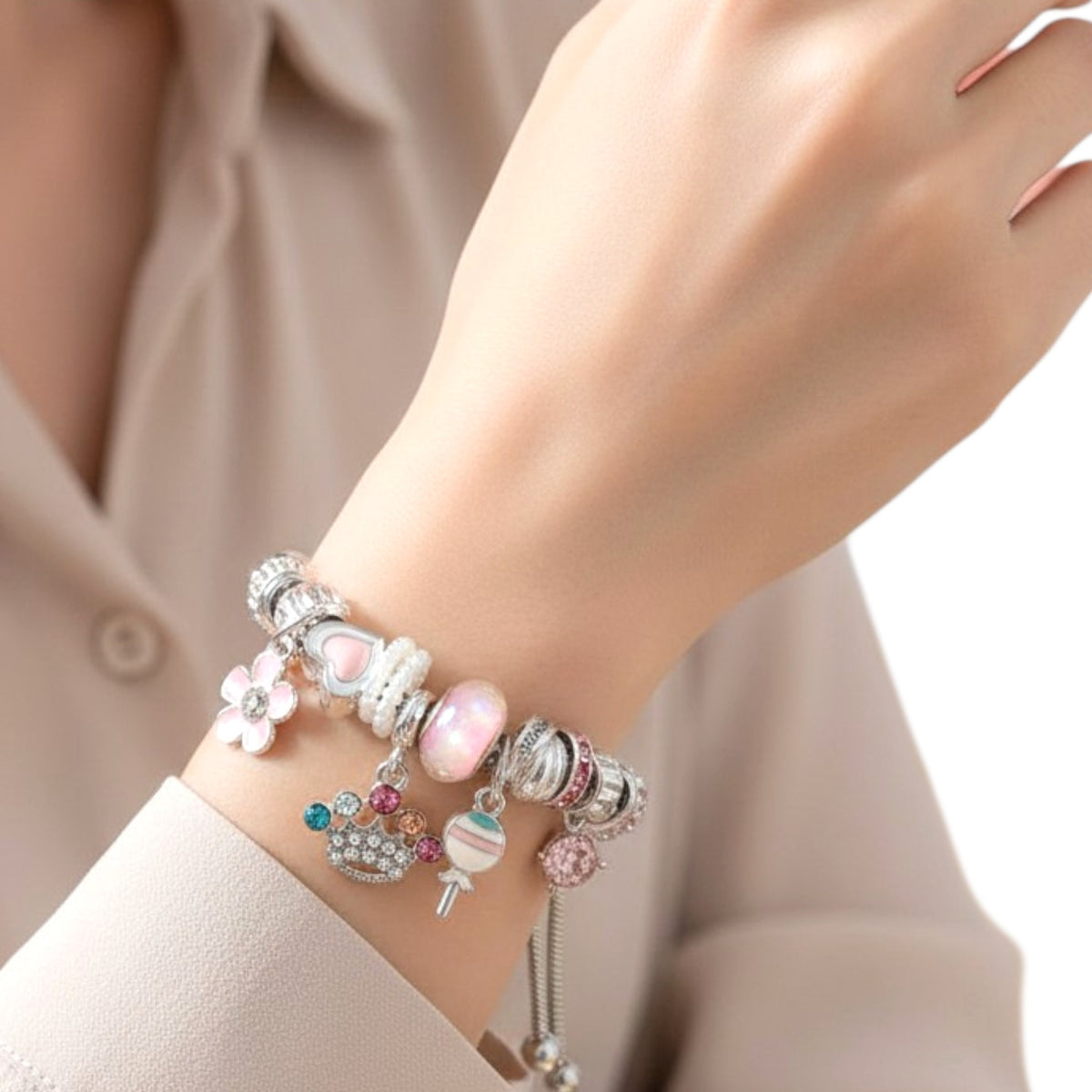 Pulsera Tipo Pandora Plata | Dijes con Zirconias | Ajustable Charm Varios