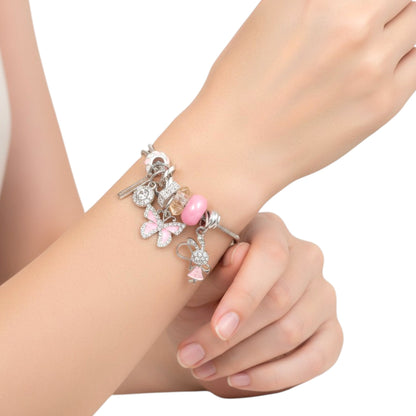 Pulsera Tipo Pandora Plateada | Dijes Rosas con Zirconias | Ajustable Charm Varios