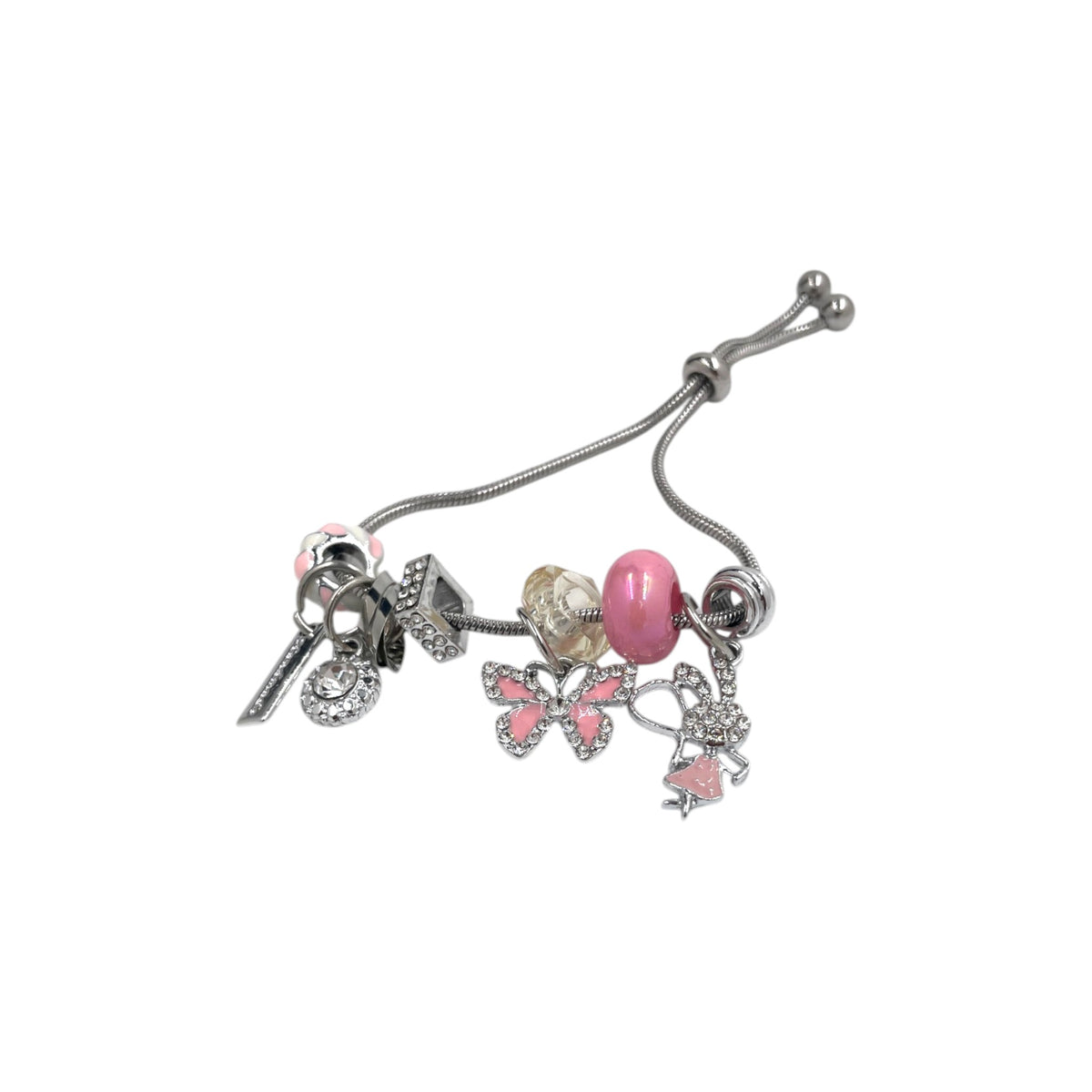 Pulsera Tipo Pandora Plateada | Dijes Rosas con Zirconias | Ajustable Charm Varios