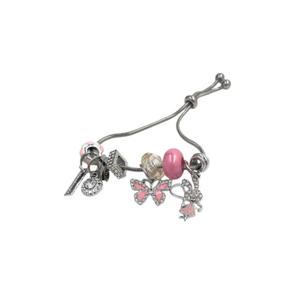 Pulsera Tipo Pandora Plateada | Dijes Rosas con Zirconias | Ajustable Charm Varios
