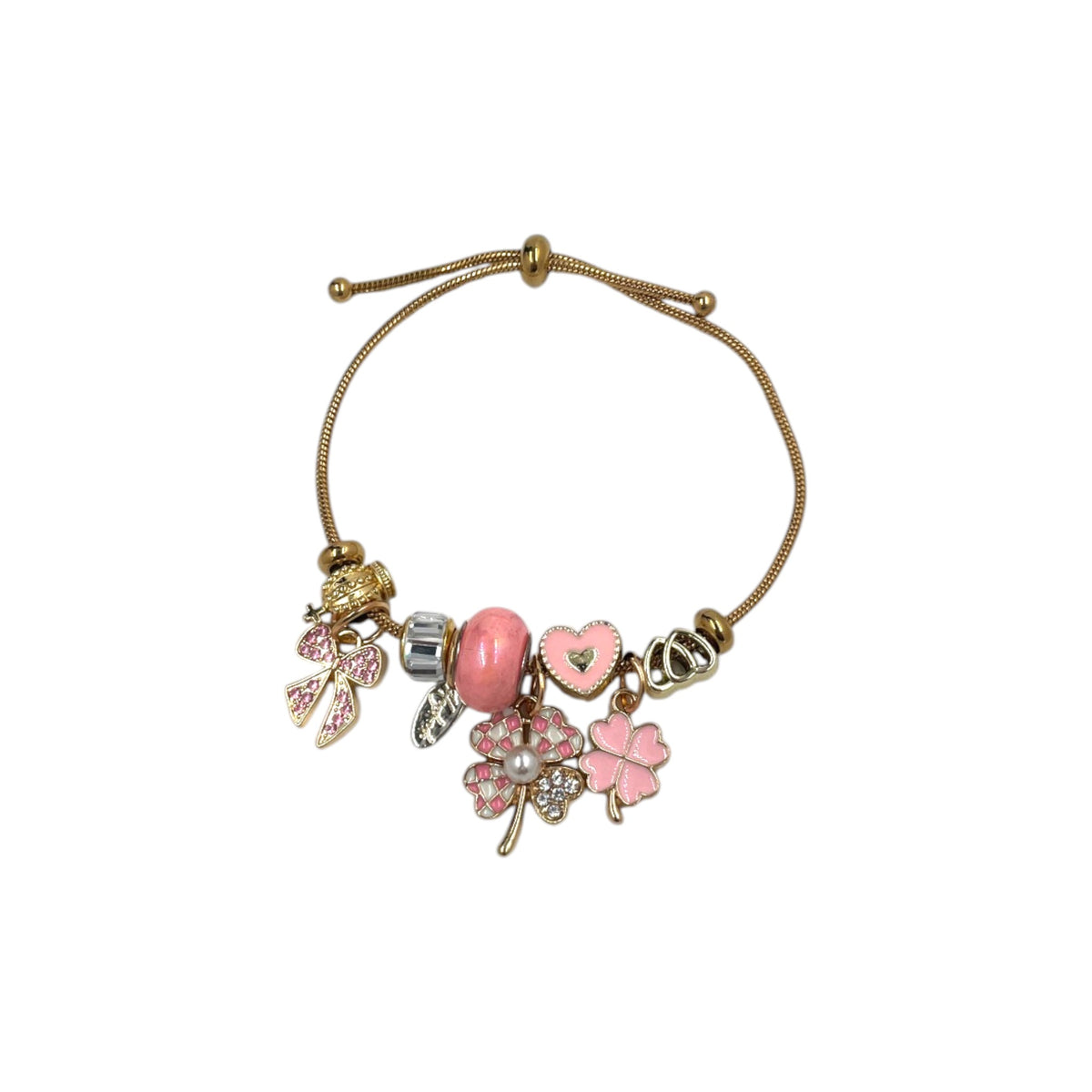Pulsera Tipo Pandora dorada | Dijes con Zirconias | Ajustable Charm Varios