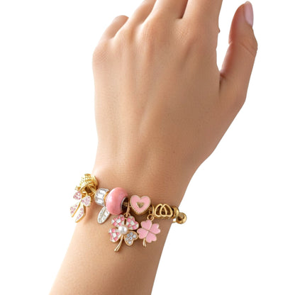 Pulsera Tipo Pandora dorada | Dijes con Zirconias | Ajustable Charm Varios