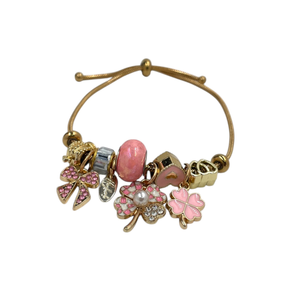 Pulsera Tipo Pandora dorada | Dijes con Zirconias | Ajustable Charm Varios