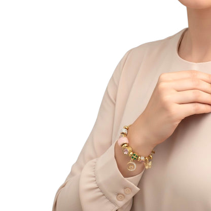 Pulsera Tipo Pandora Dorada | Dijes con Zirconias | Ajustable Charm Varios