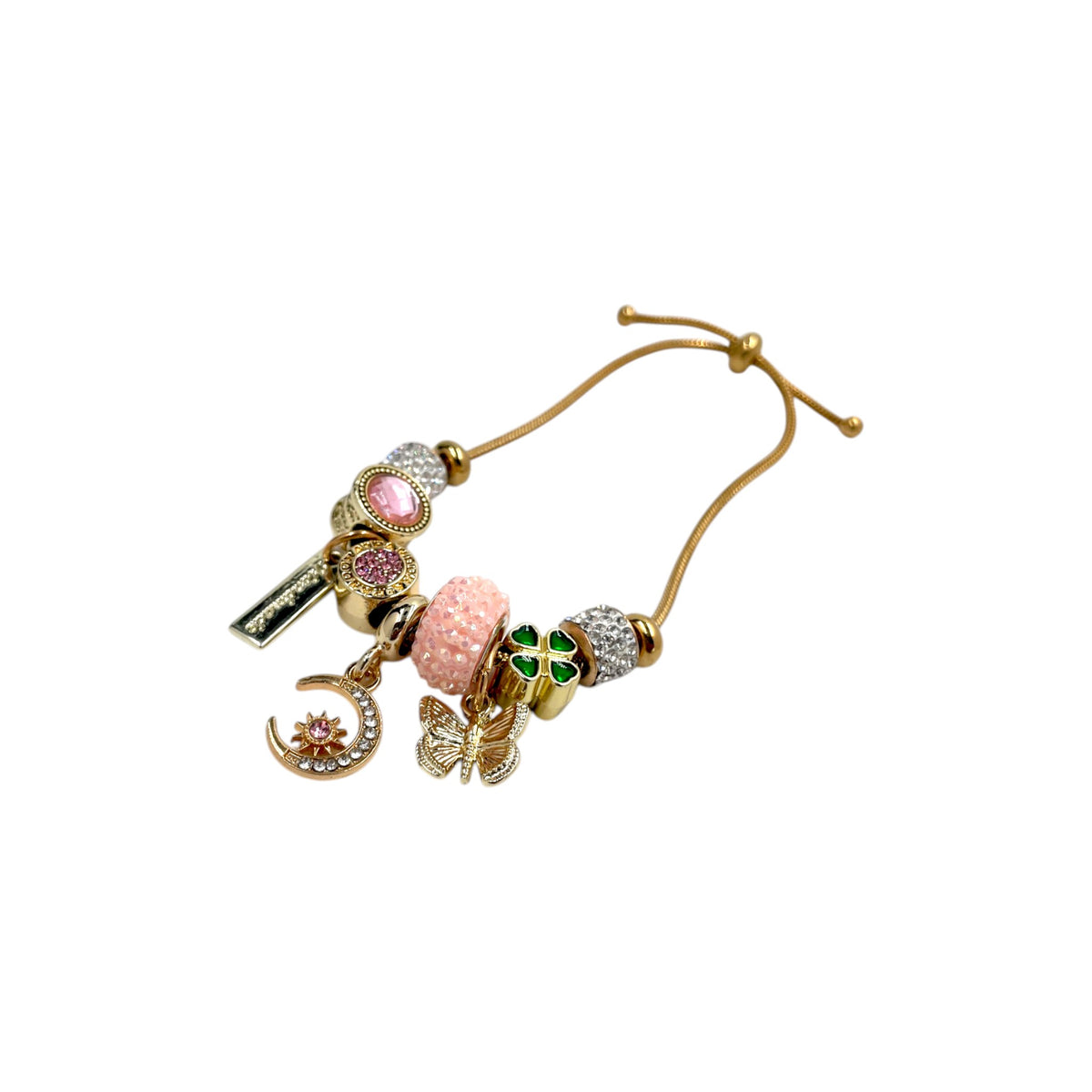 Pulsera Tipo Pandora Dorada | Dijes con Zirconias | Ajustable Charm Varios