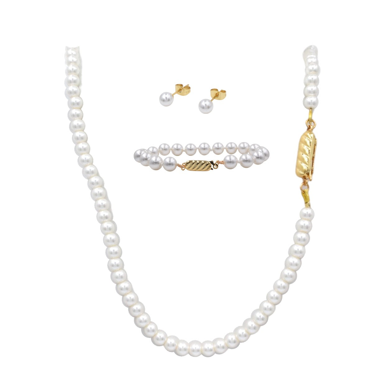 Set de Collar Aretes y Pulsera | Perlas Mallorca 4mm | Blanco Clásico de 45 cm