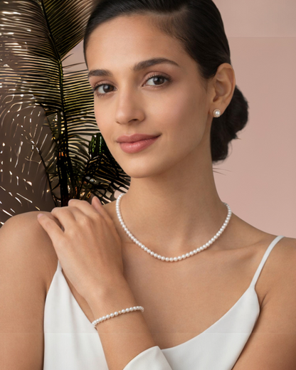 Set de Collar Aretes y Pulsera | Perlas Mallorca 4mm | Blanco Clásico de 45 cm