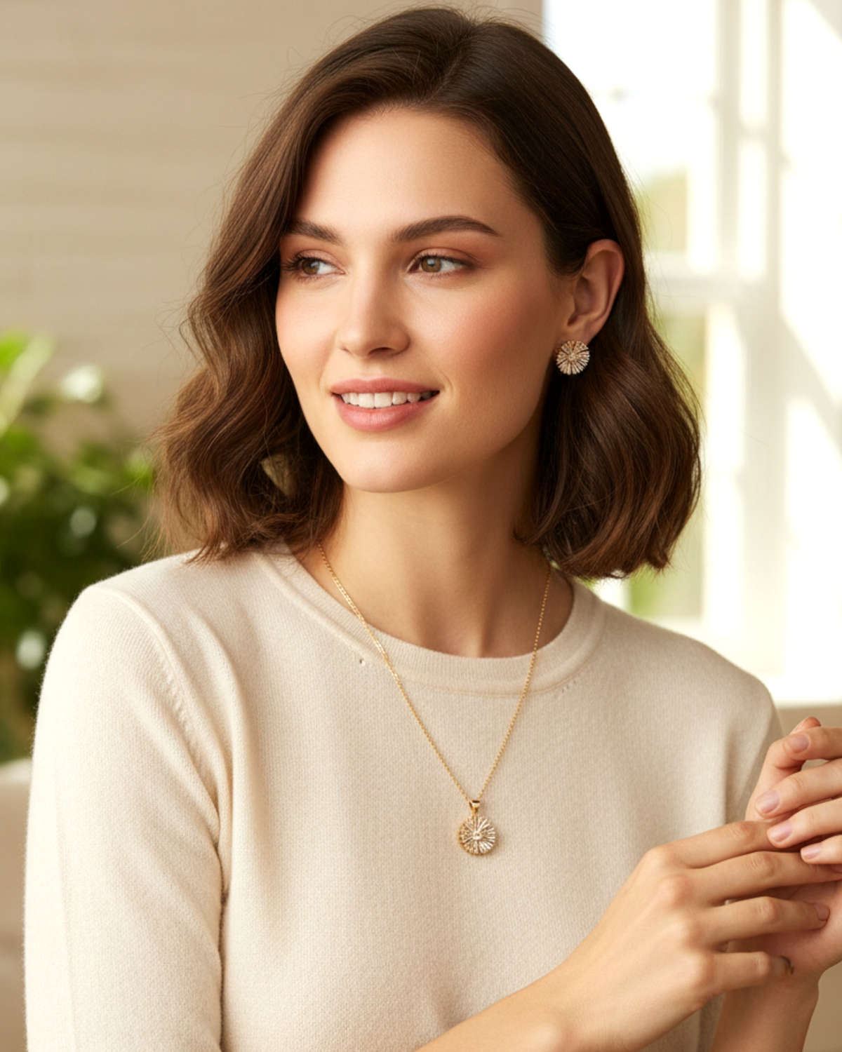Set Floral de Zirconia | Collar y Aretes en Chapa de Oro| Elegantes con Brillo Radial