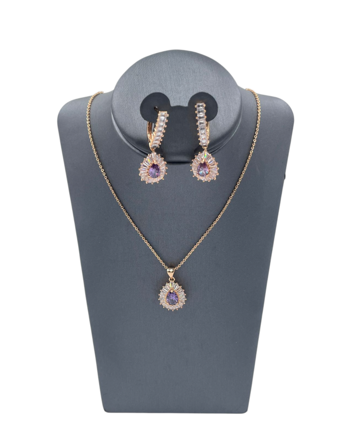 Set Elegante de Zirconia | Collar y Aretes Tipo Gota| Morados con Brillo Premium