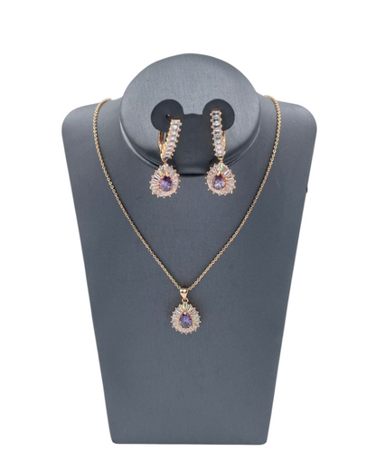 Set Elegante de Zirconia | Collar y Aretes Tipo Gota| Morados con Brillo Premium