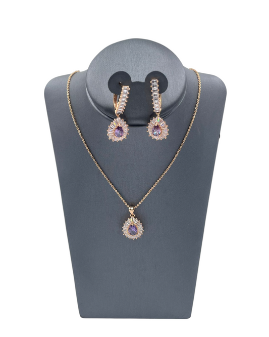 Set Elegante de Zirconia | Collar y Aretes Tipo Gota| Morados con Brillo Premium