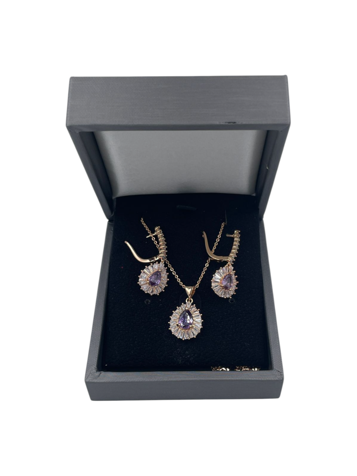 Set Elegante de Zirconia | Collar y Aretes Tipo Gota| Morados con Brillo Premium