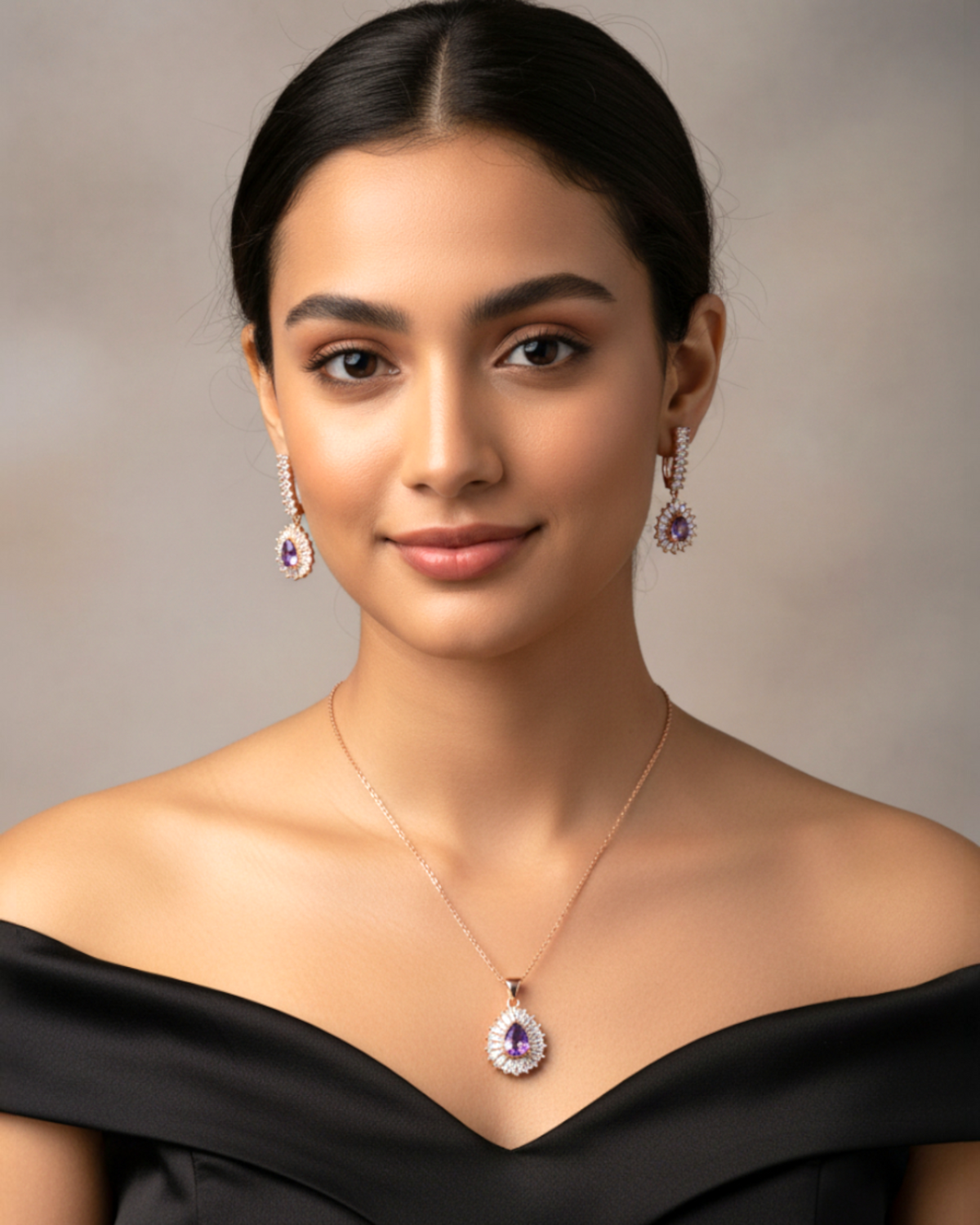 Set Elegante de Zirconia | Collar y Aretes Tipo Gota| Morados con Brillo Premium
