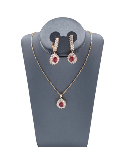 Set Elegante de Zirconia | Collar y Aretes Tipo Gota| Rojo con Brillo Premium