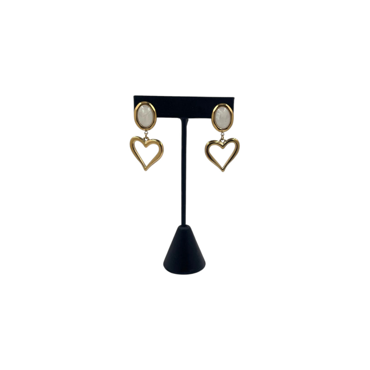Aretes Colgantes Dorados |  Corazón Calado con Piedra Nácar 43mm