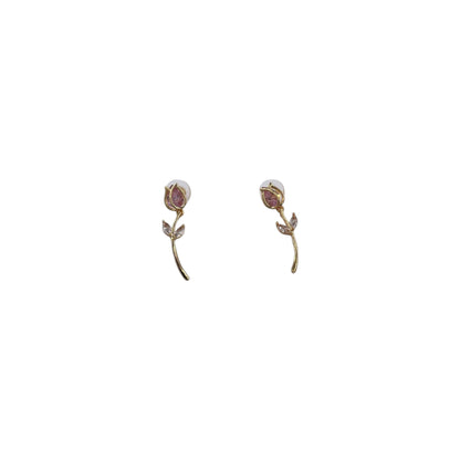 Aretes de Tulipán | Rosa con Zirconias | Largos Chapa de Oro 35 mm