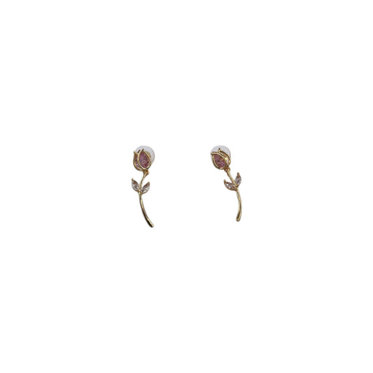 Aretes de Tulipán | Rosa con Zirconias | Largos Chapa de Oro 35 mm