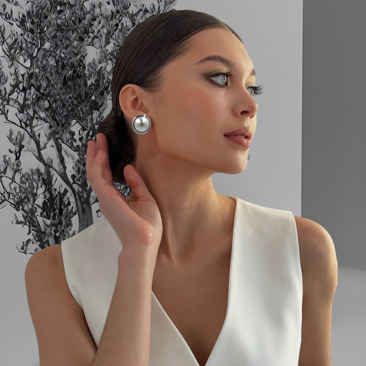 Aretes Perla Mallorca Bijoux | Estilo Broquel Grises 15 MM