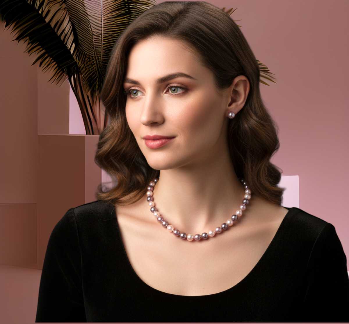 Juego Collar y Aretes | De Perlas Mallorca | Clásico Bicolor | Lila y Rosa 46cm 8MM