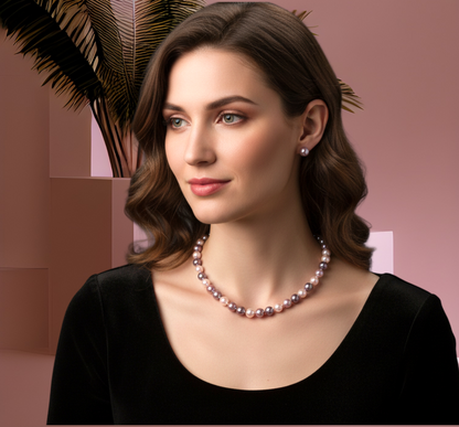 Juego Collar y Aretes | De Perlas Mallorca | Clásico Bicolor | Lila y Rosa 46cm 8MM
