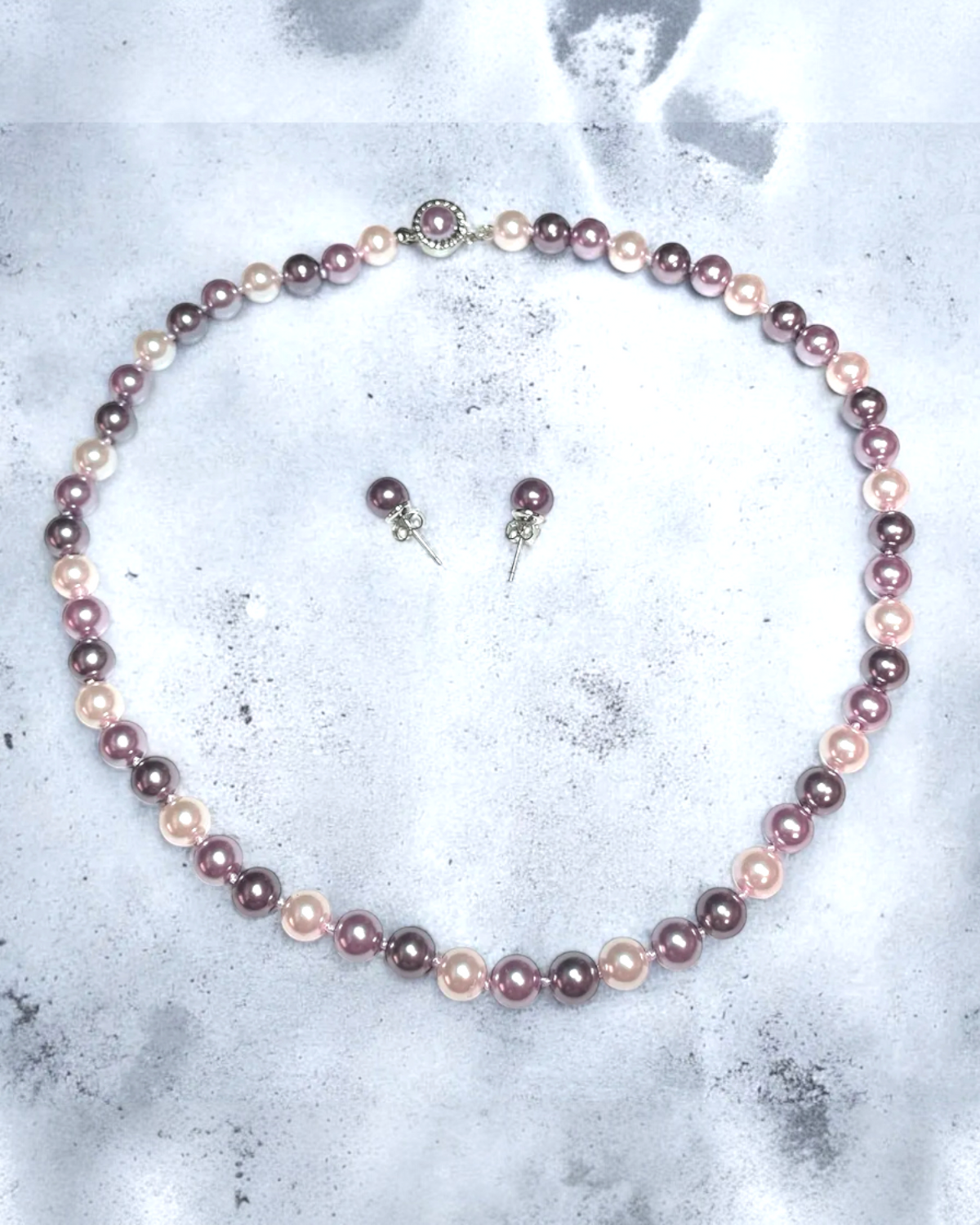 Juego Collar y Aretes | De Perlas Mallorca | Clásico Bicolor | Lila y Rosa 46cm 8MM